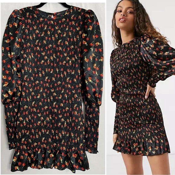 ASOS Dresses & Skirts - ASOS Design Puff Sleeve Shirred Cuff Rose Floral Print Shirred Mini Tea Dress